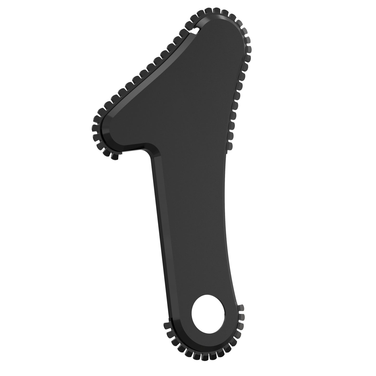 A black bicycle chain guide plate rotates on a white background, used in bike gear systems.