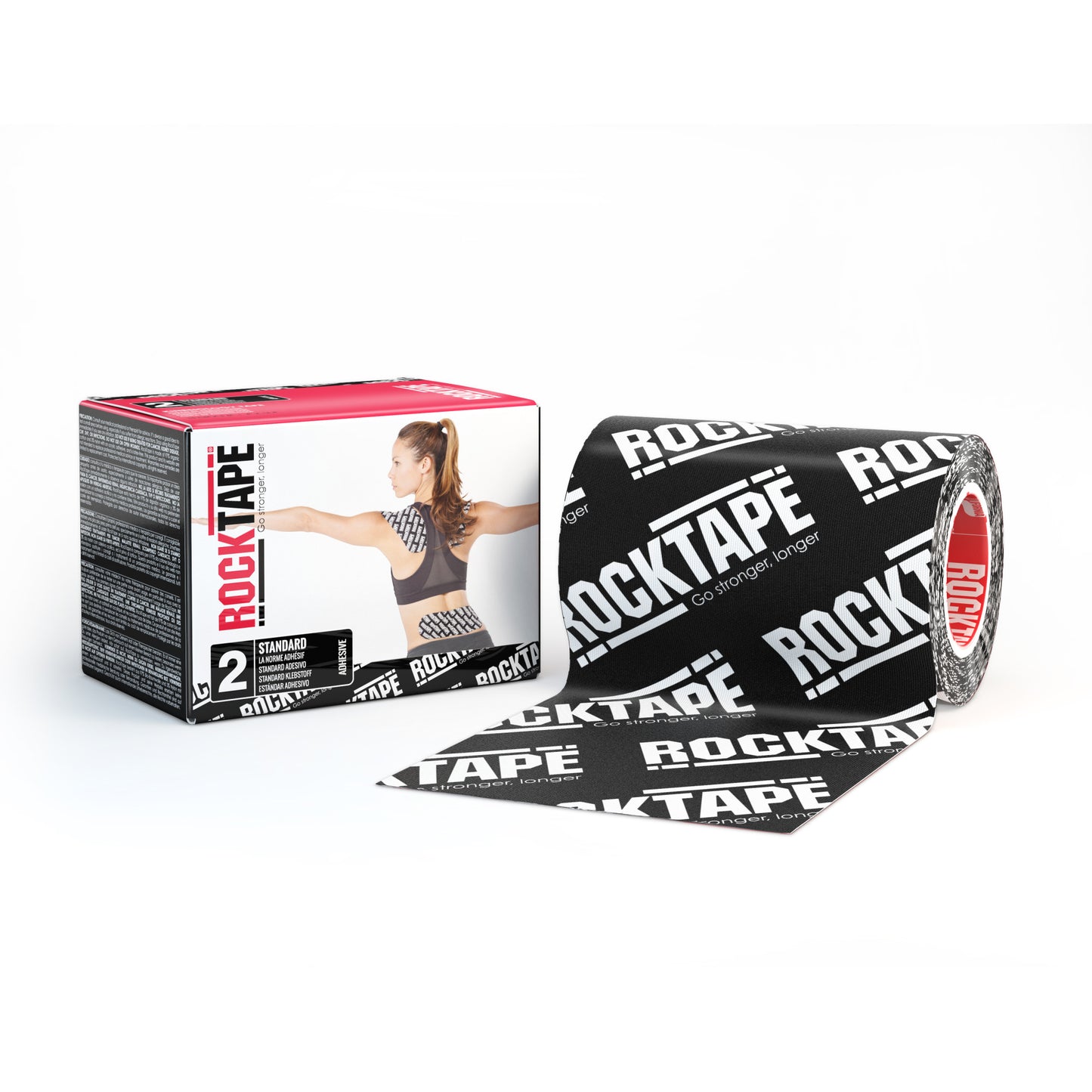Elastic sports tape is applied to the arm of a woman in the box package with ROCKTAPE branding.