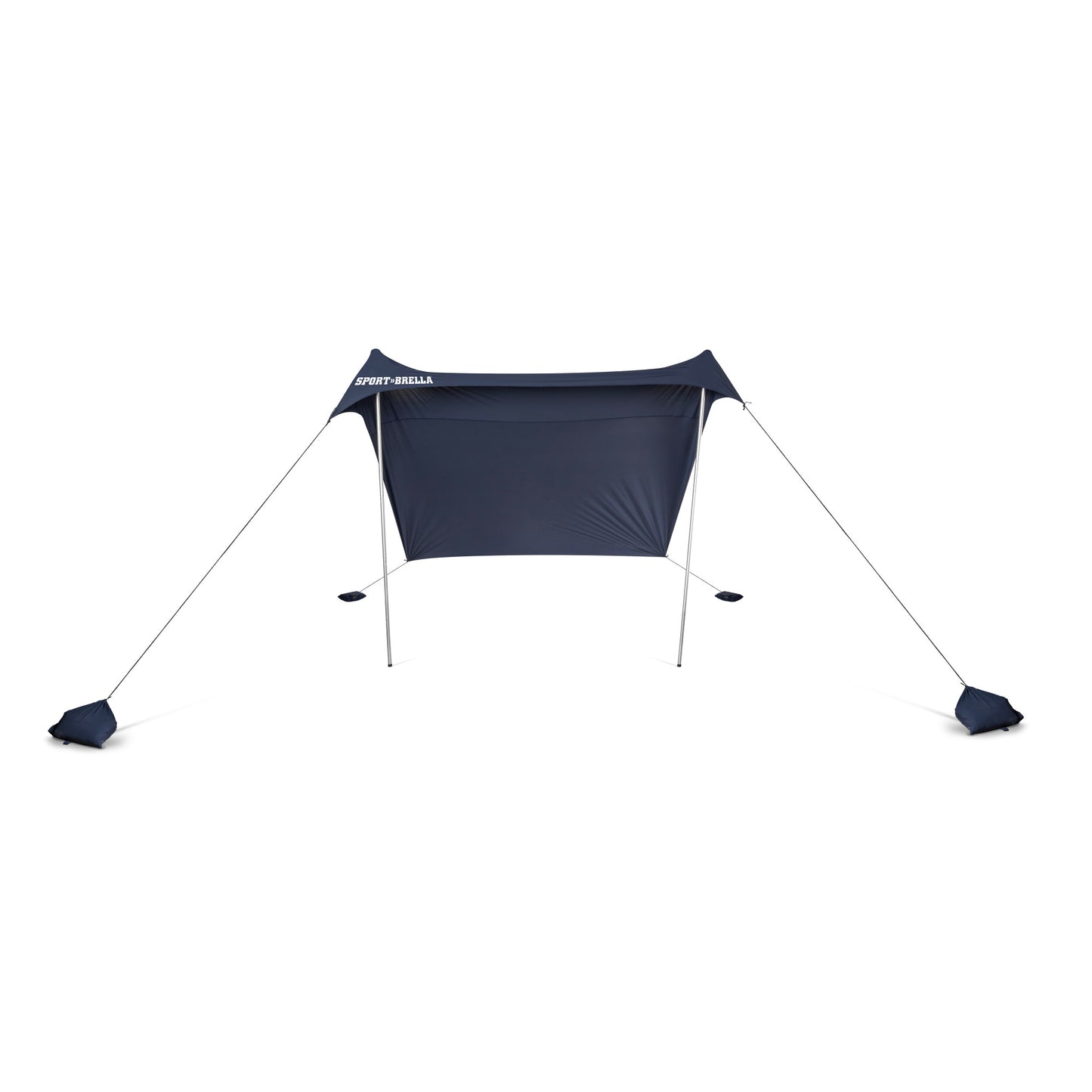 A blue pop-up sun shelter is set up outdoors for shade and protection.