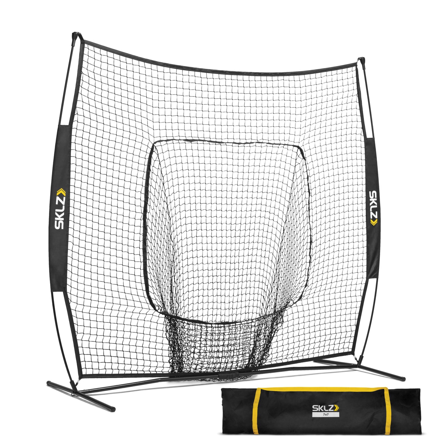 The portable soccer goal with net and carry bag is set up in an outdoor environment