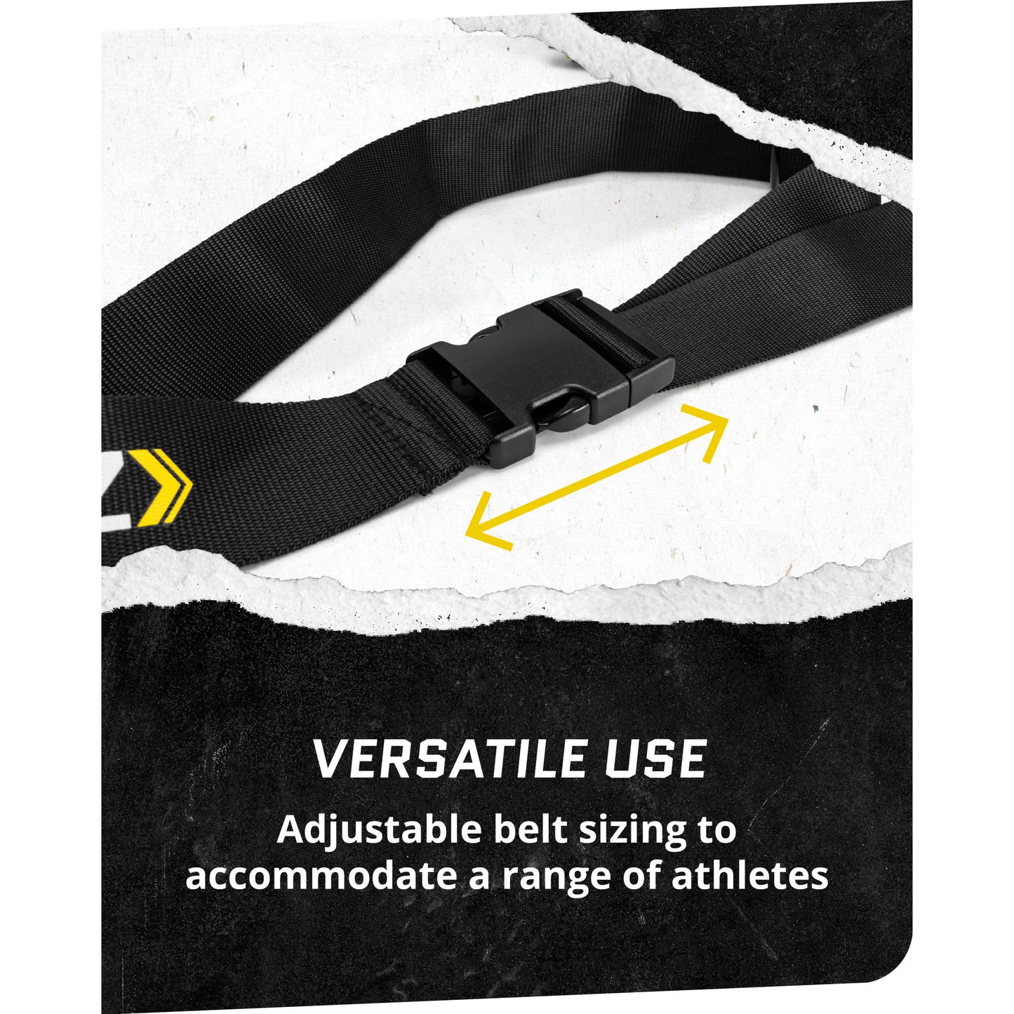Adjustable black belt with buckle for fitting different athletes in sportswear packaging