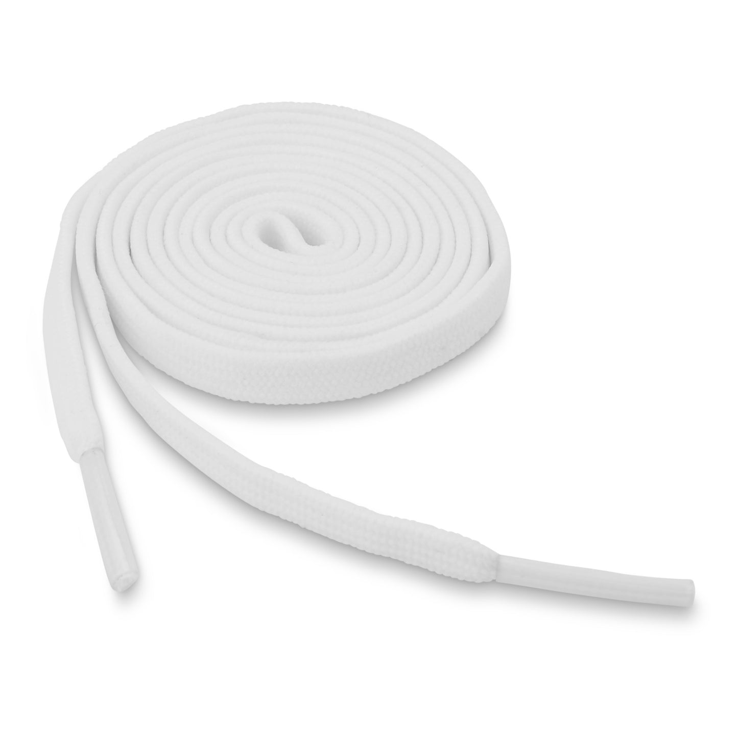 A coiled white shoelace lies on a plain white background.