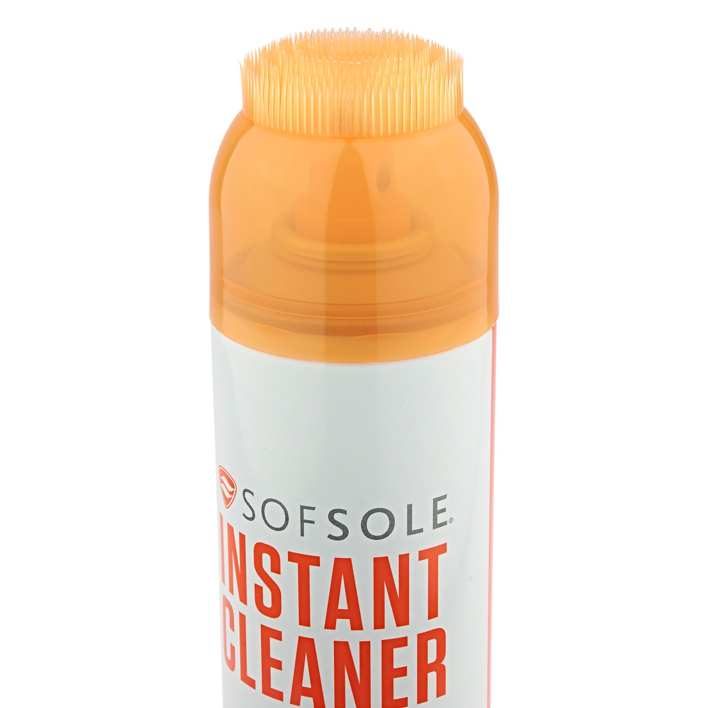 A spray bottle labeled instant cleaner sprays in a white environment with an orange cap.
