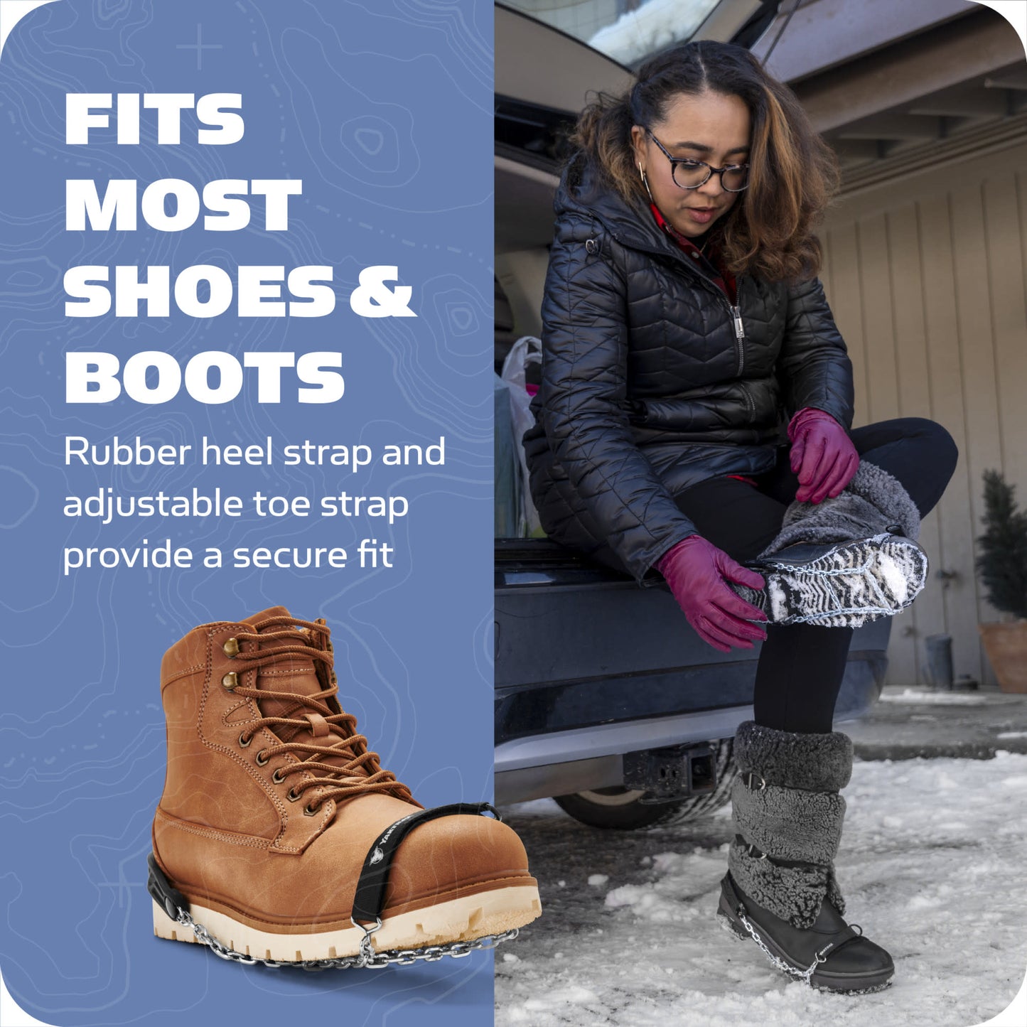 Boots with adjustable straps help a woman secure her footwear outside in winter