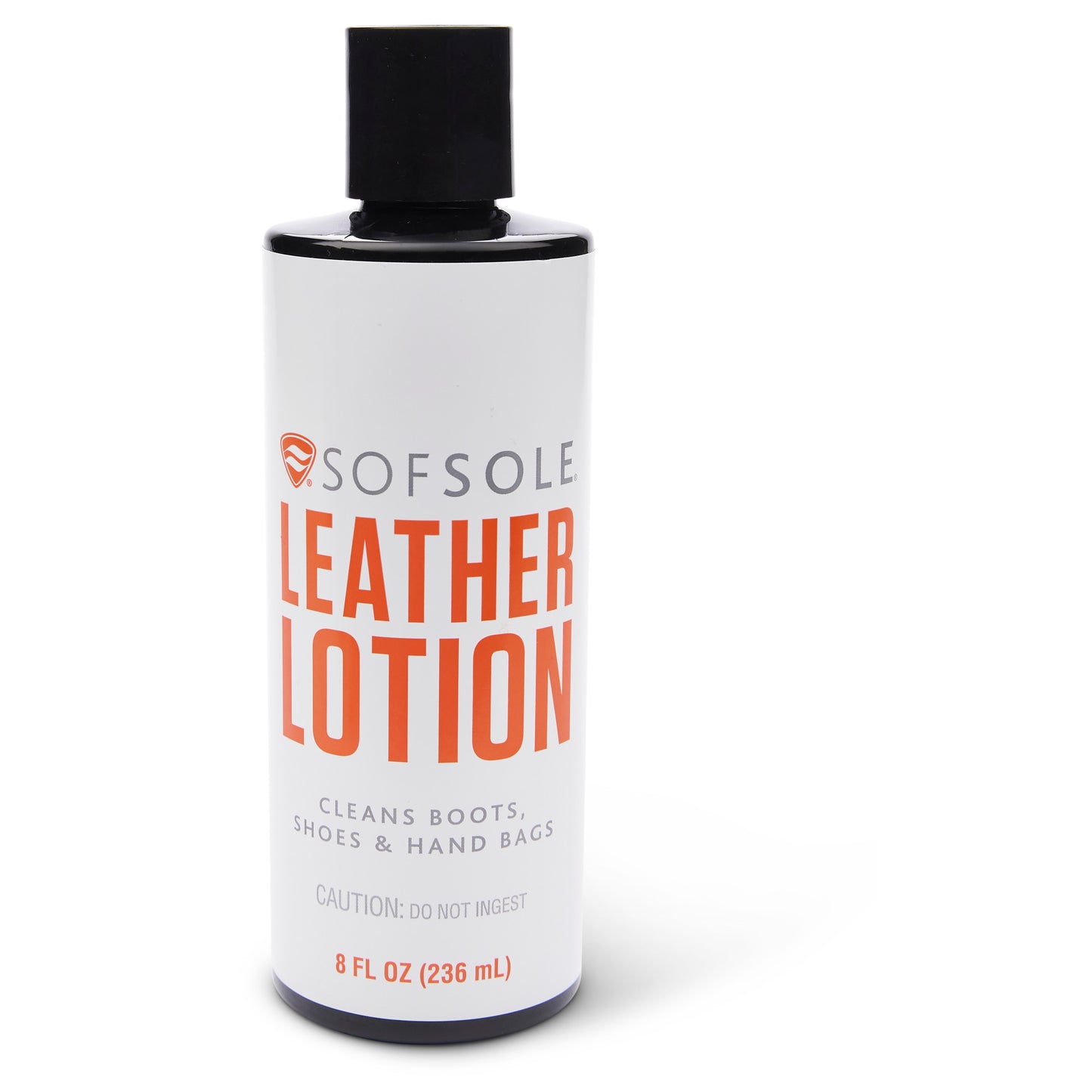 Bottle of SOFSOLE leather lotion cleans boots shoes and hand bags in white background