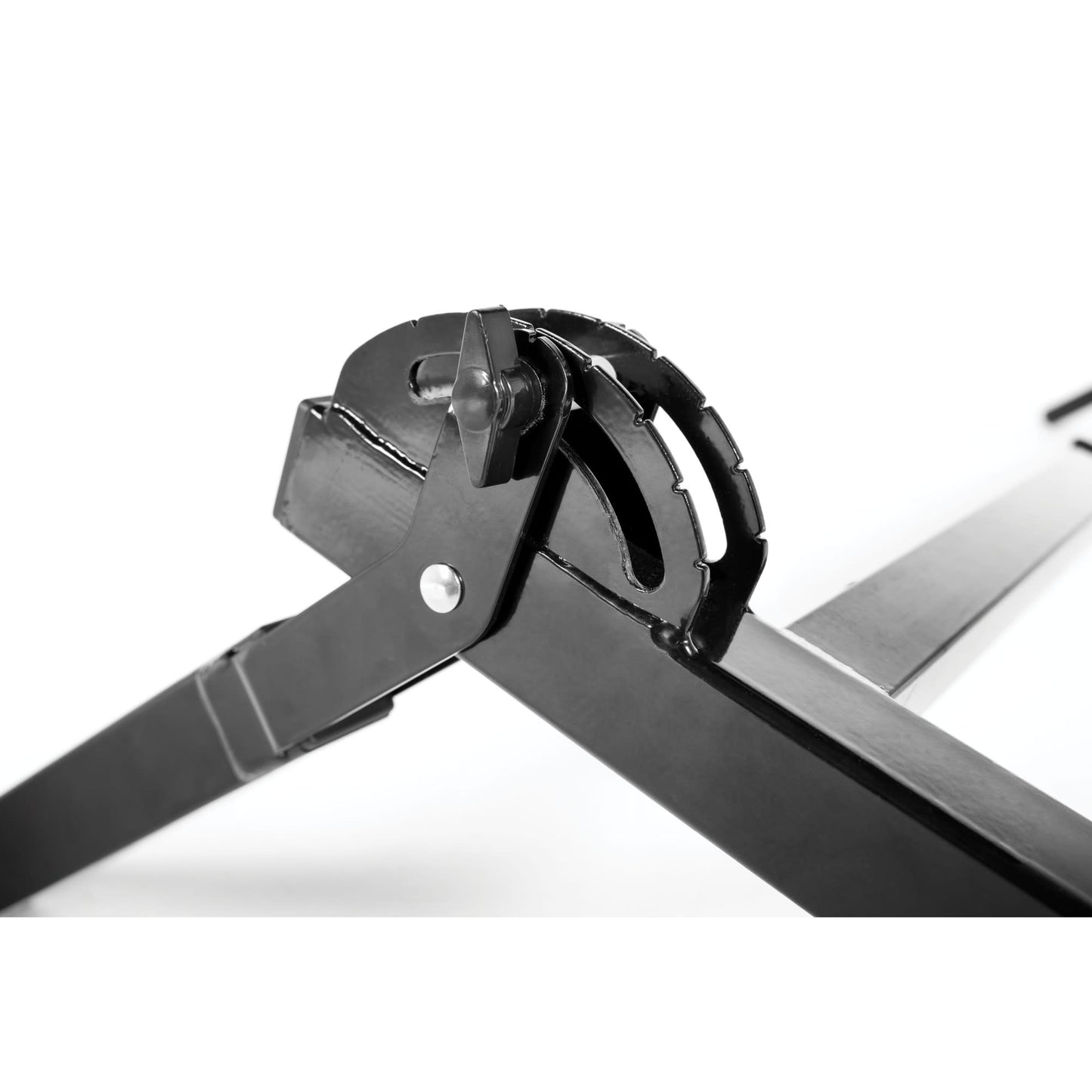 Adjustable metal stand supports a laptop or device on a plain white background