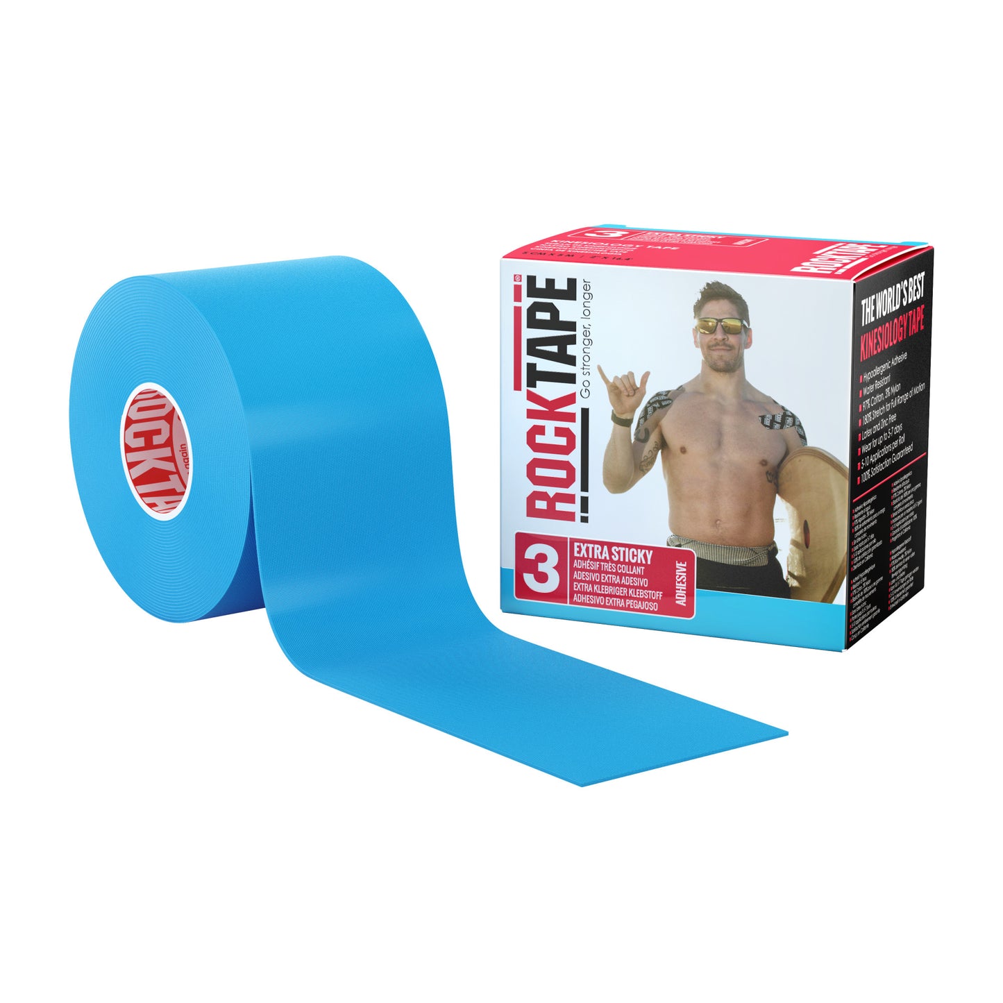 Blue rock tape unrolls next to packaging featuring a shirtless man with sunglasses in a promotional image.