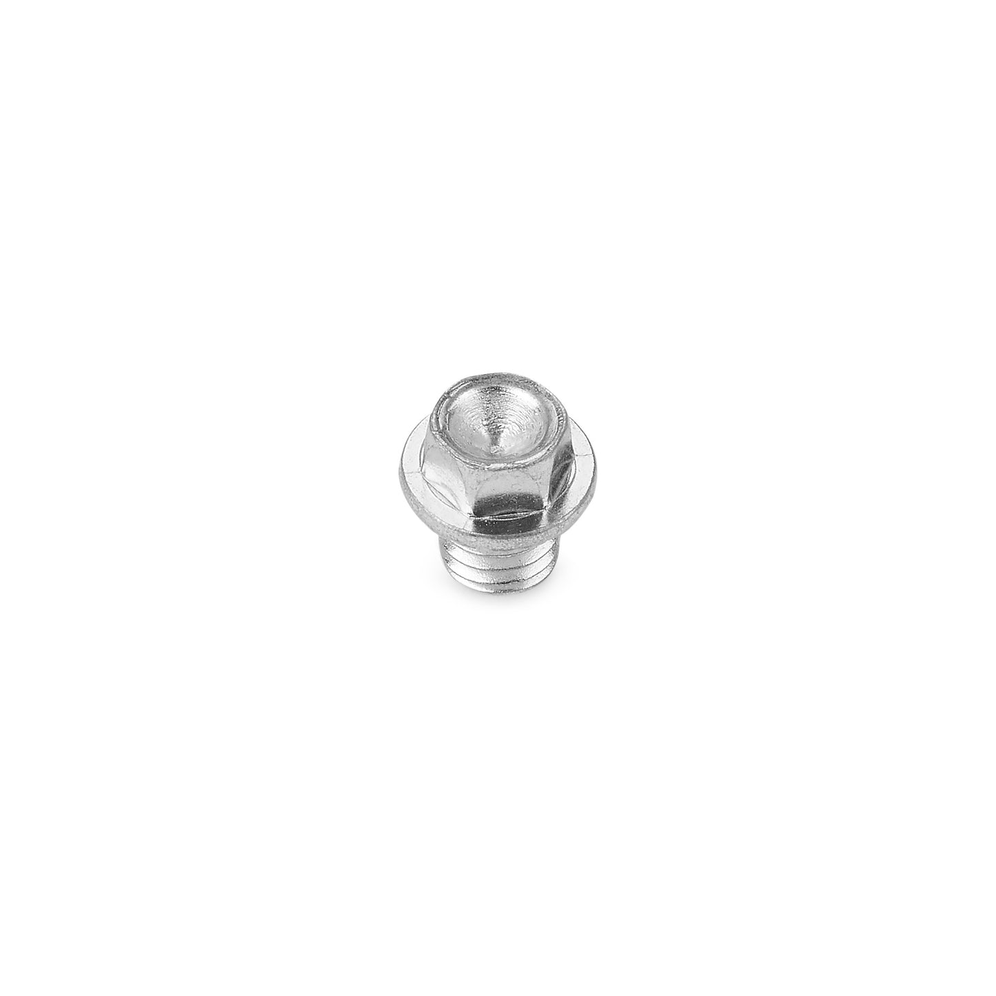 A metal screw with a hexagonal head rests on a white surface.