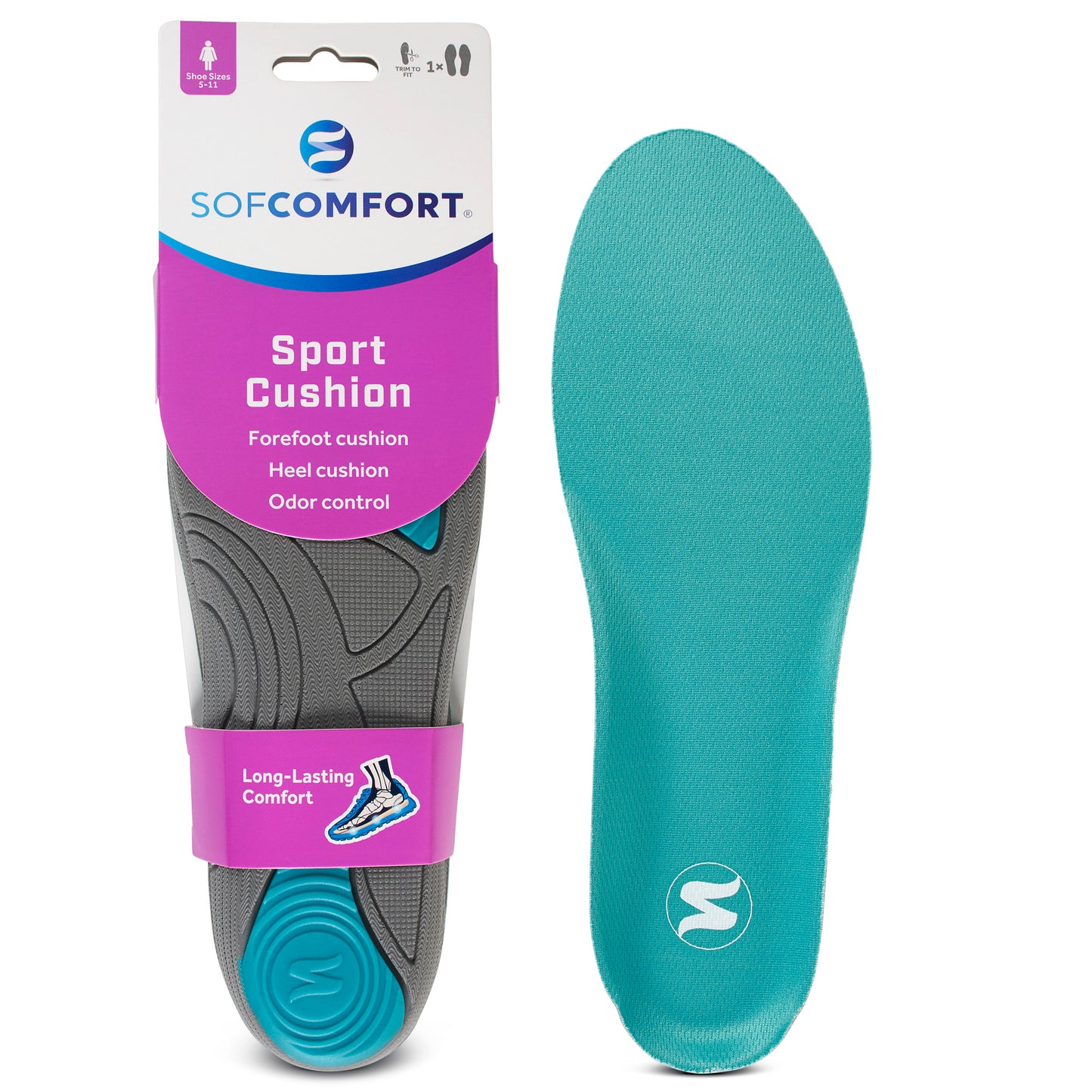 A teal sports shoe cushion with a textured surface is shown alongside its packaging in the background.