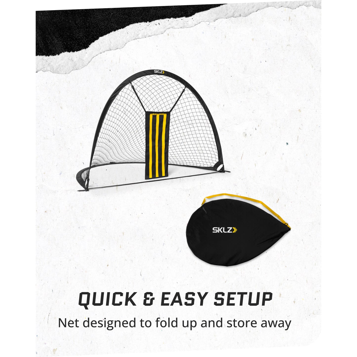 The net is set up for sports play in an indoor area with a carrying case nearby