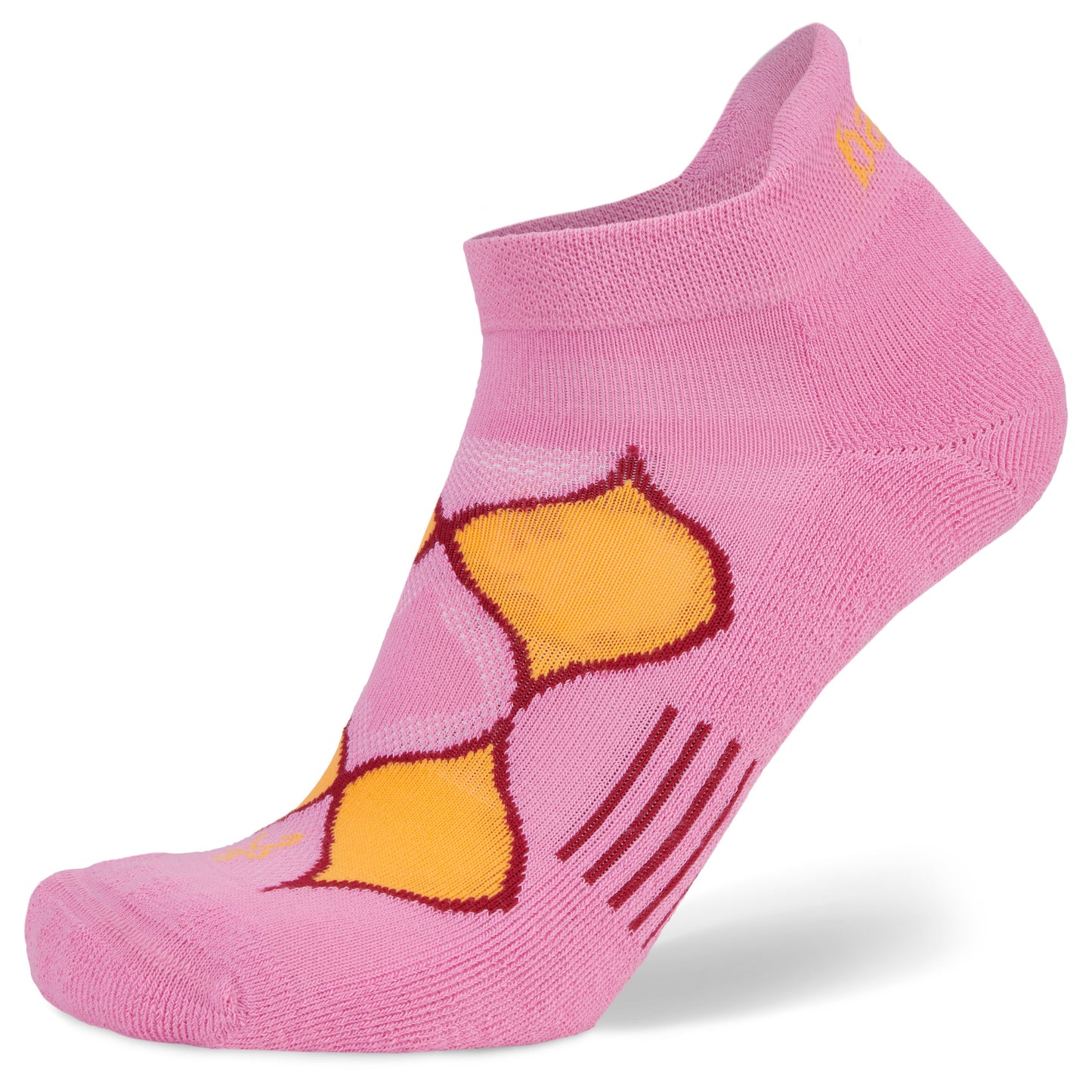 A pink sock with a yellow and brown pattern, positioned on a white background.