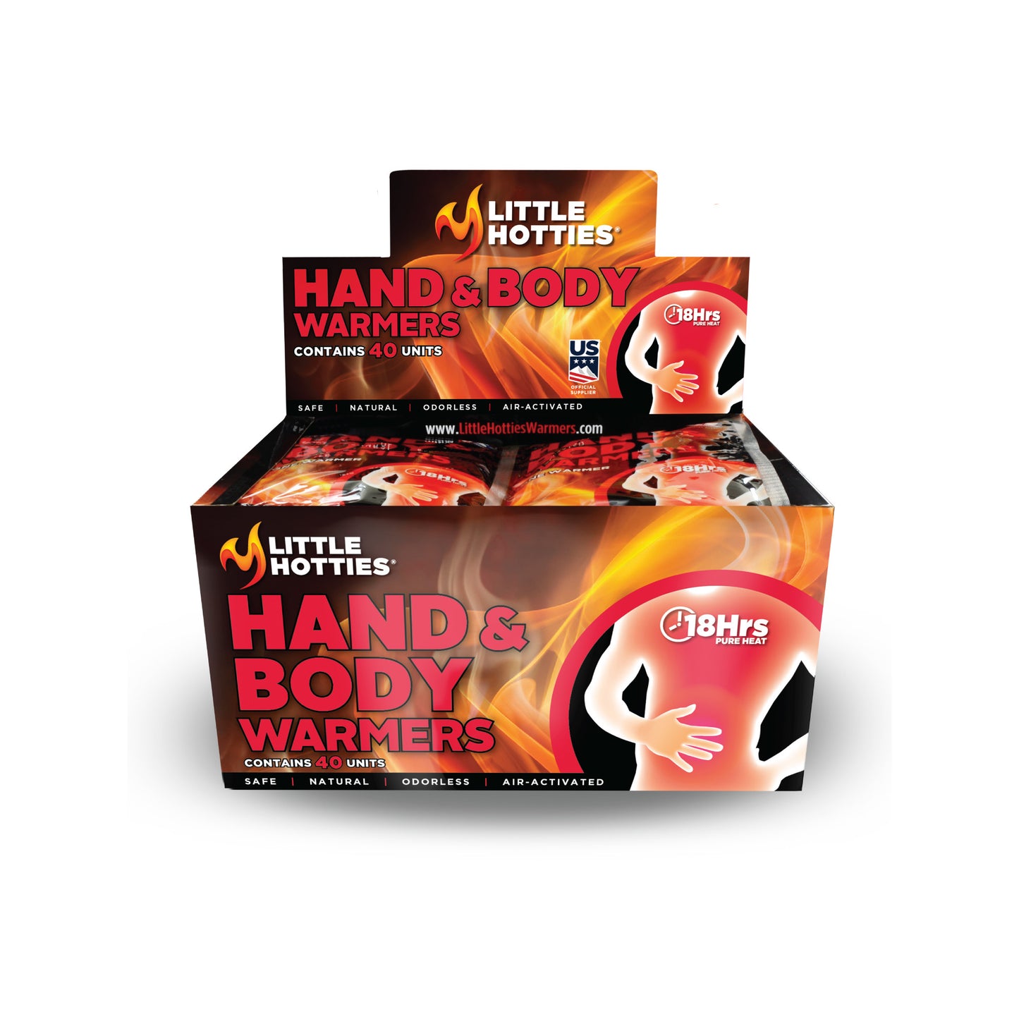 The box displays Little Hotties hand and body warmers activating for warmth.