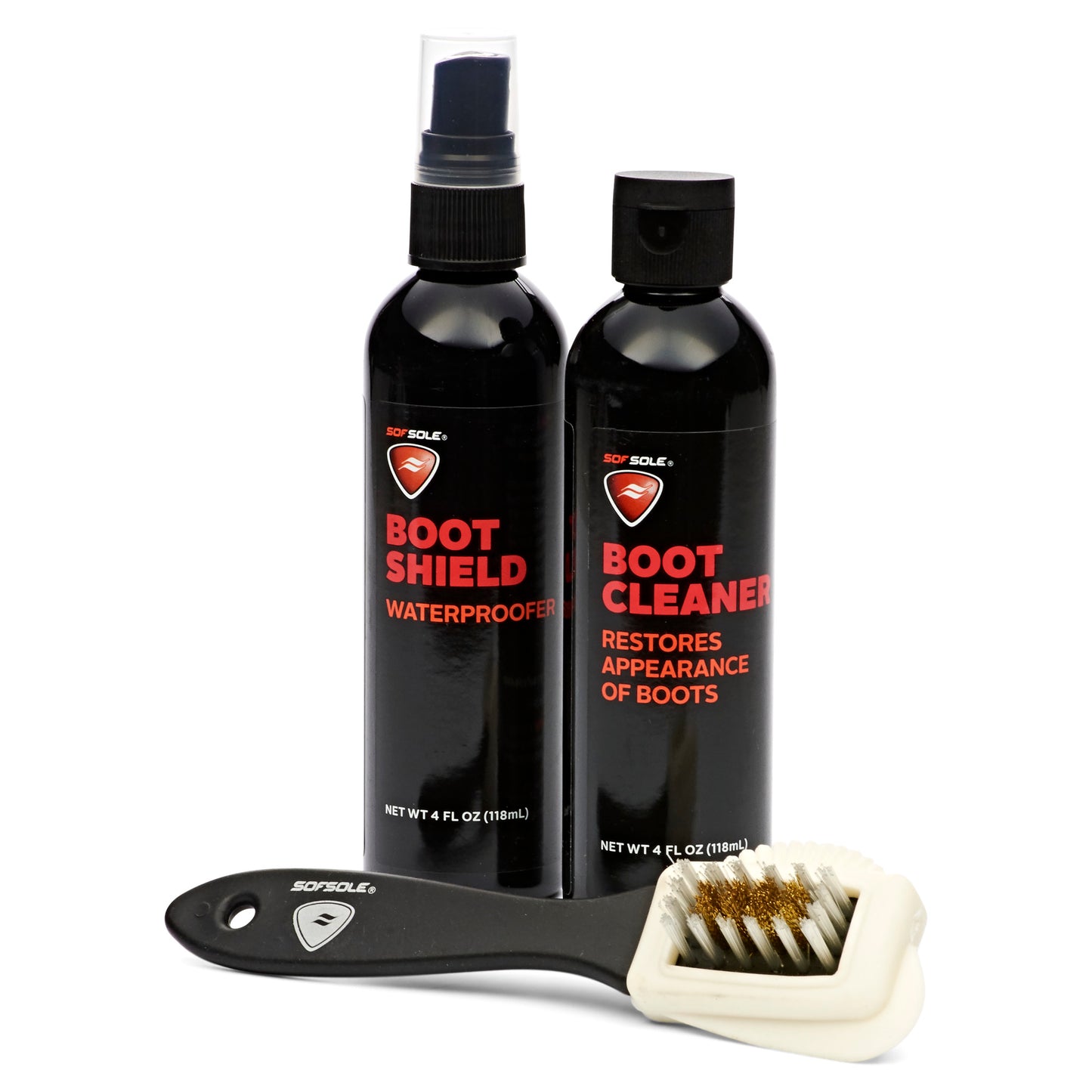 Boot shield and cleaner bottles restore waterproofing and appearance on shoes.