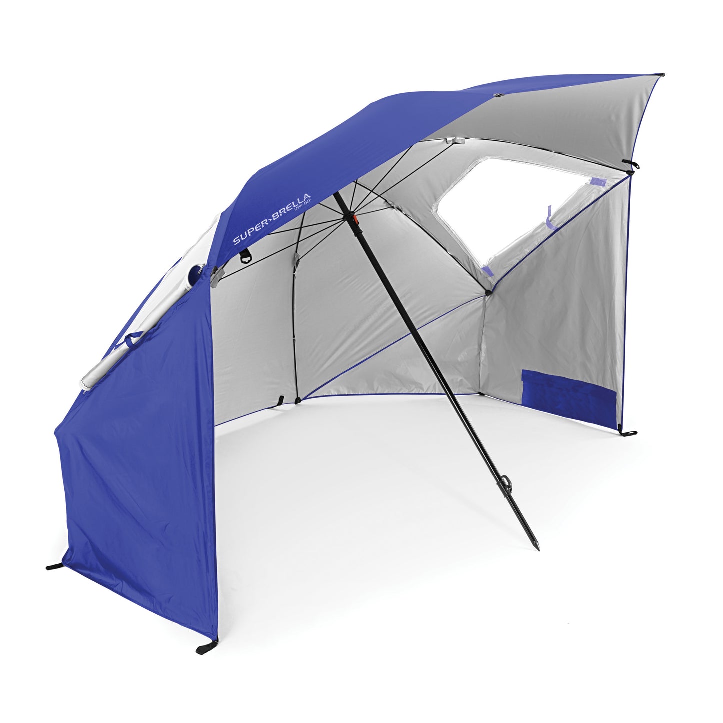 The sun shelter is set up in an outdoor environment with open sides and a support pole.