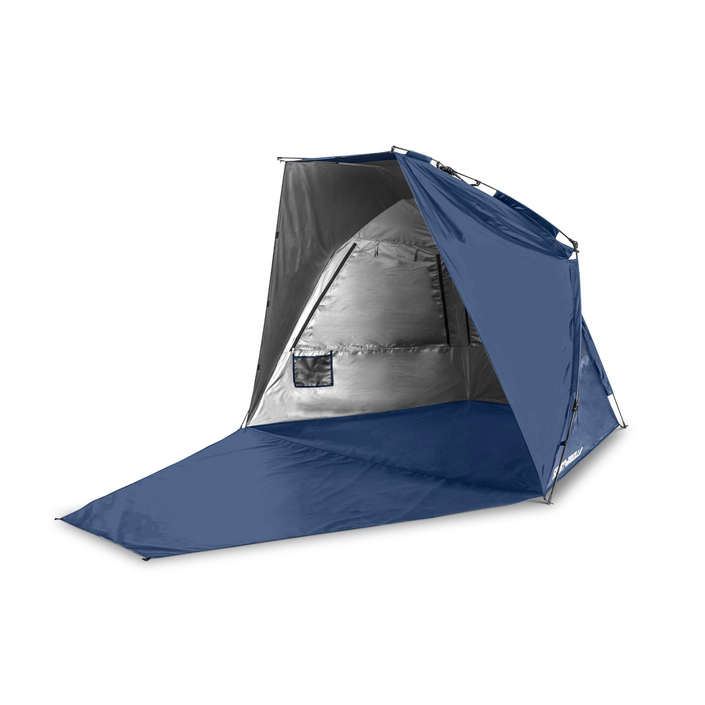 A camping tent with an attached groundsheet set up in a white environment