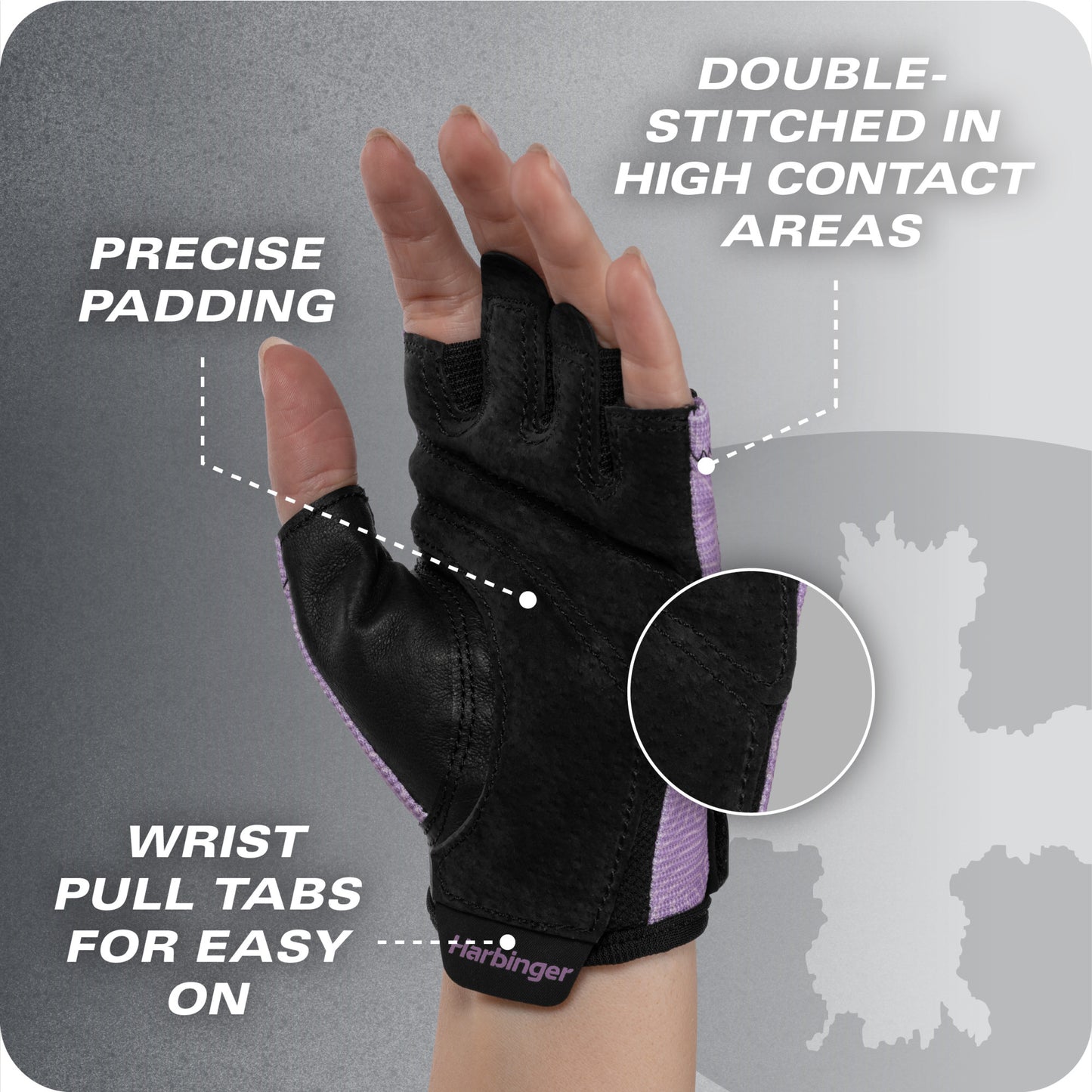 Glove with wrist pull tabs, double-stitched in high contact areas, and precise padding.