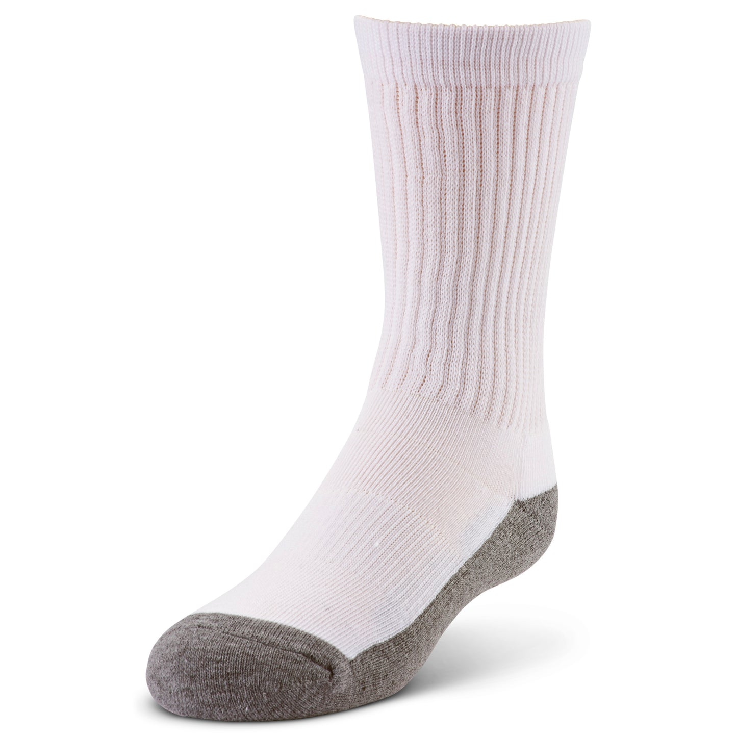 A sock is displayed standing upright on a white background.