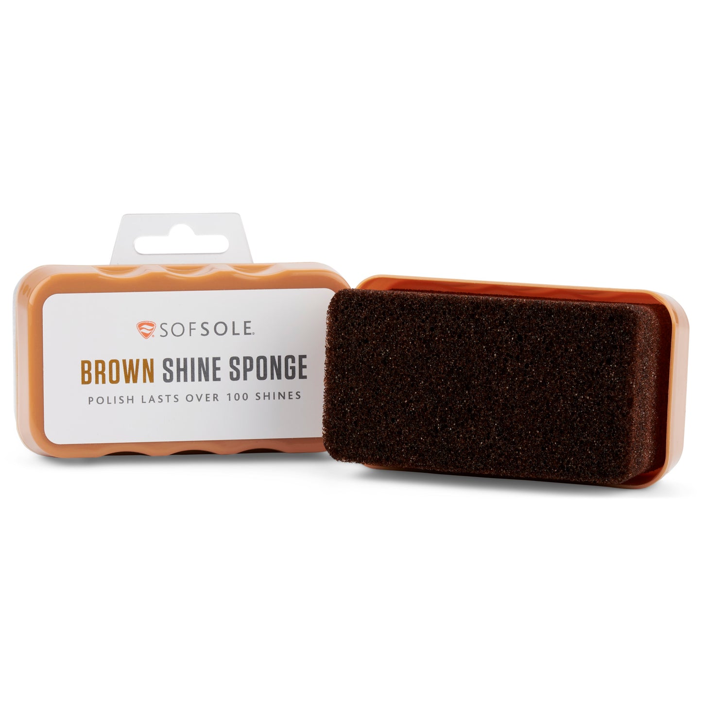 A brown shine sponge polishes a surface in its packaging on a plain background