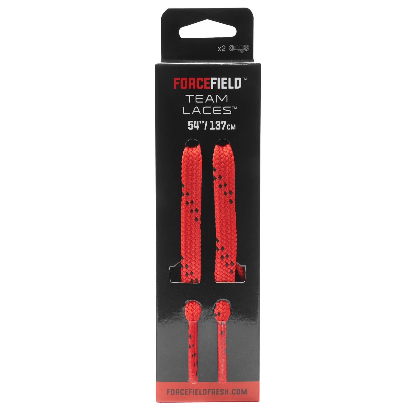 Laces connect on the packaging for sports shoes in a retail display.