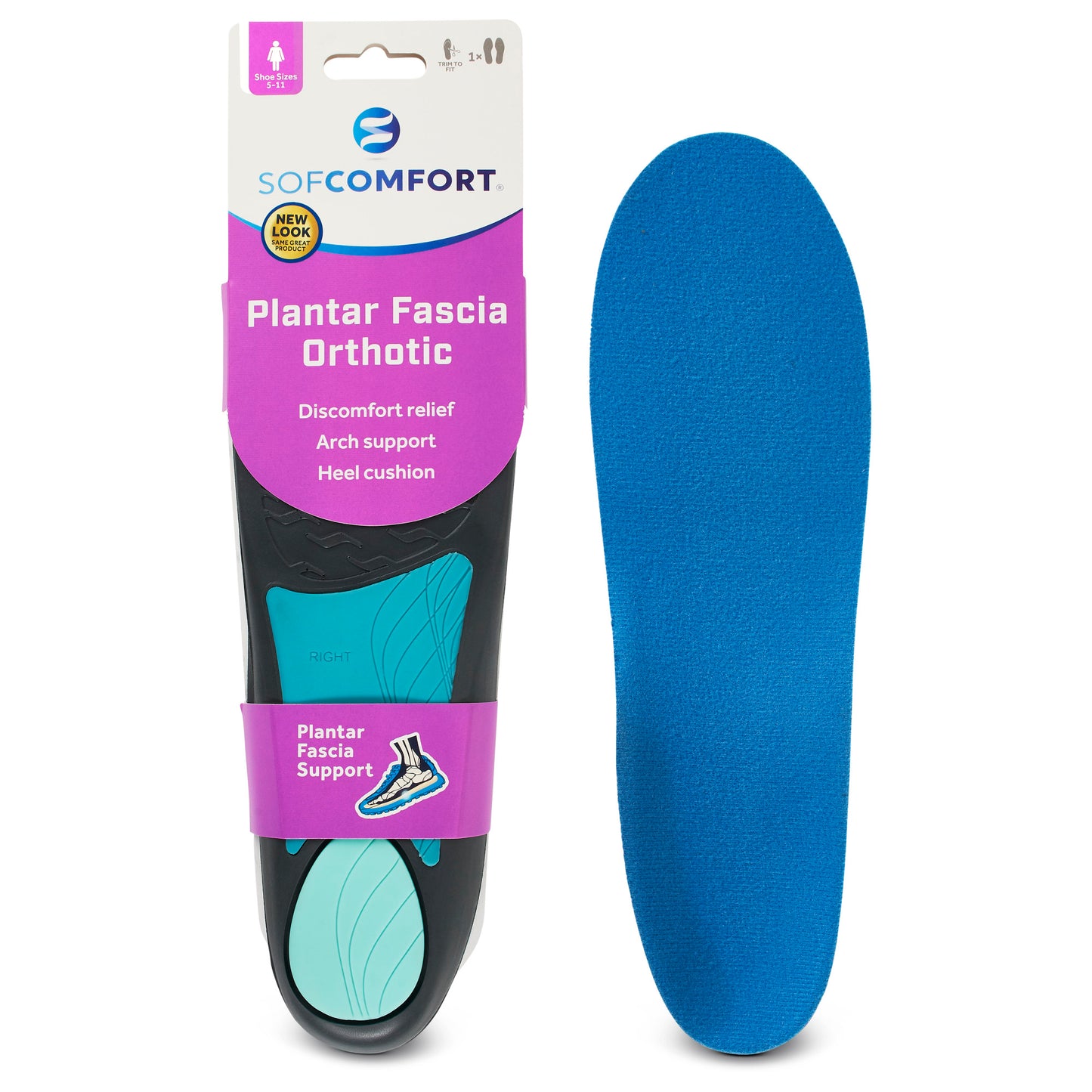 A blue orthotic heel cushion provides arch support inside a shoe.