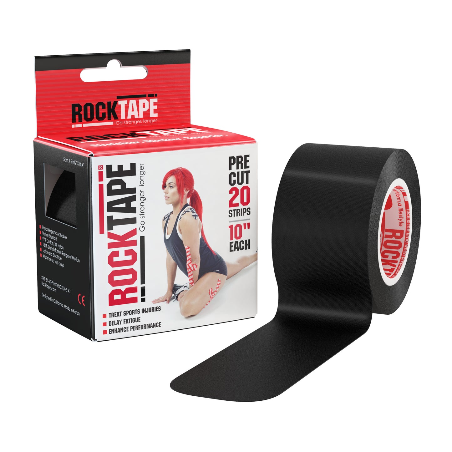 The black adhesive tape is displayed next to its red and black packaging in a retail environment.