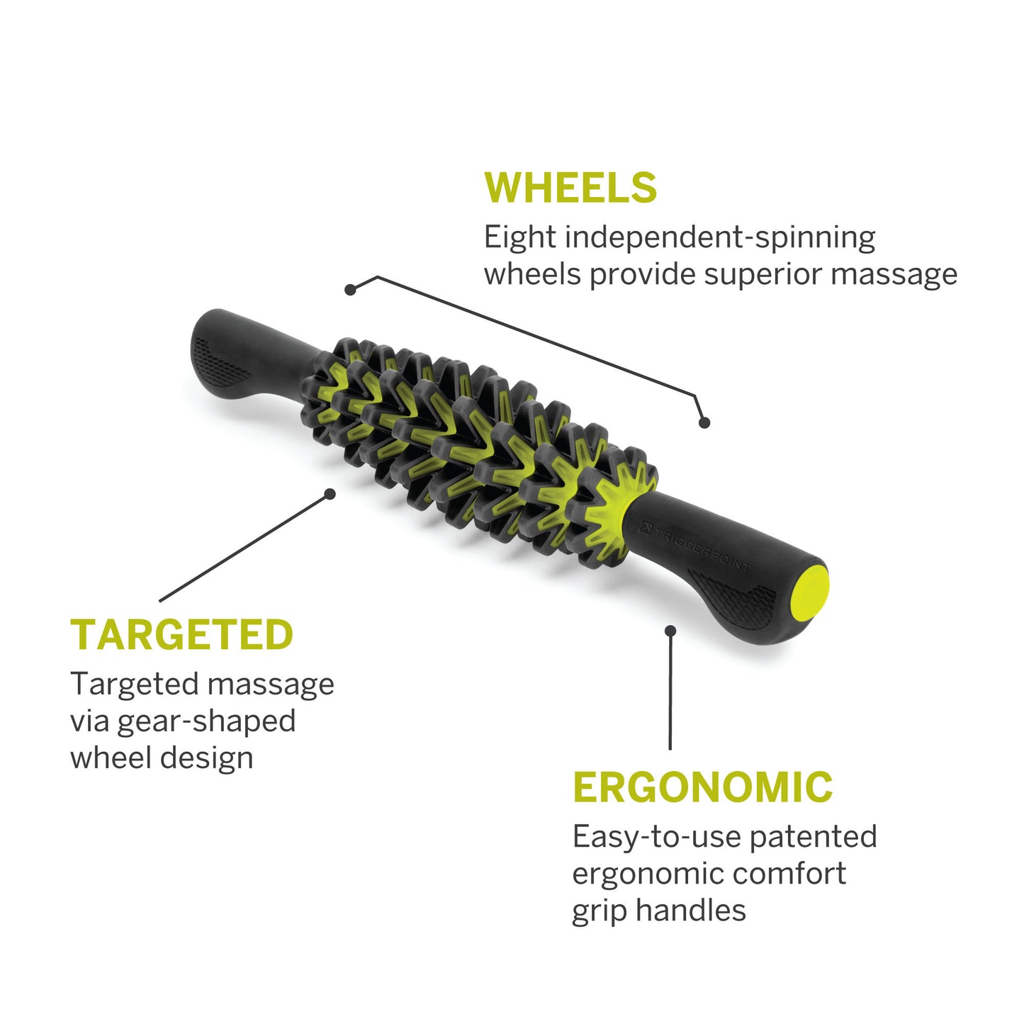 The massage roller with gear-shaped wheels rolls on a surface for targeted muscle relief.