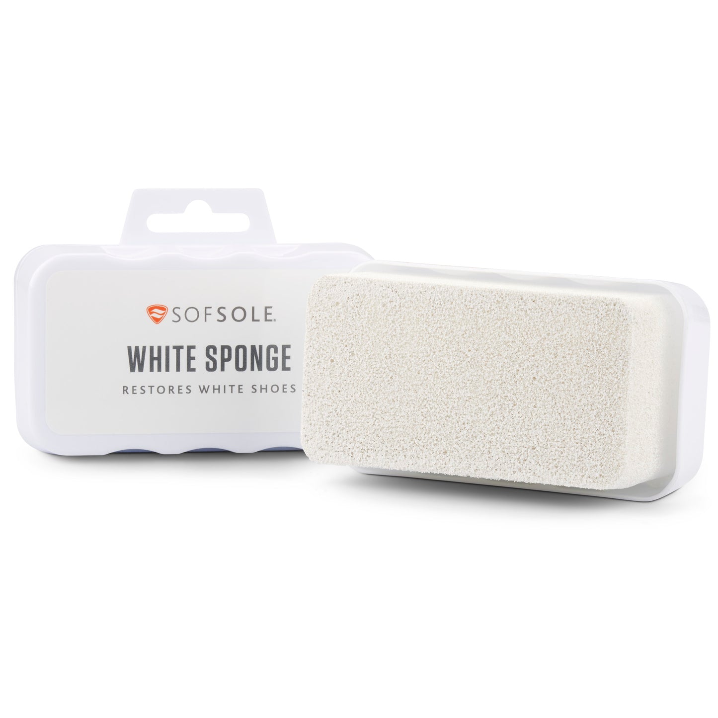A white sponge cleans shoes inside a plastic case in a retail display.
