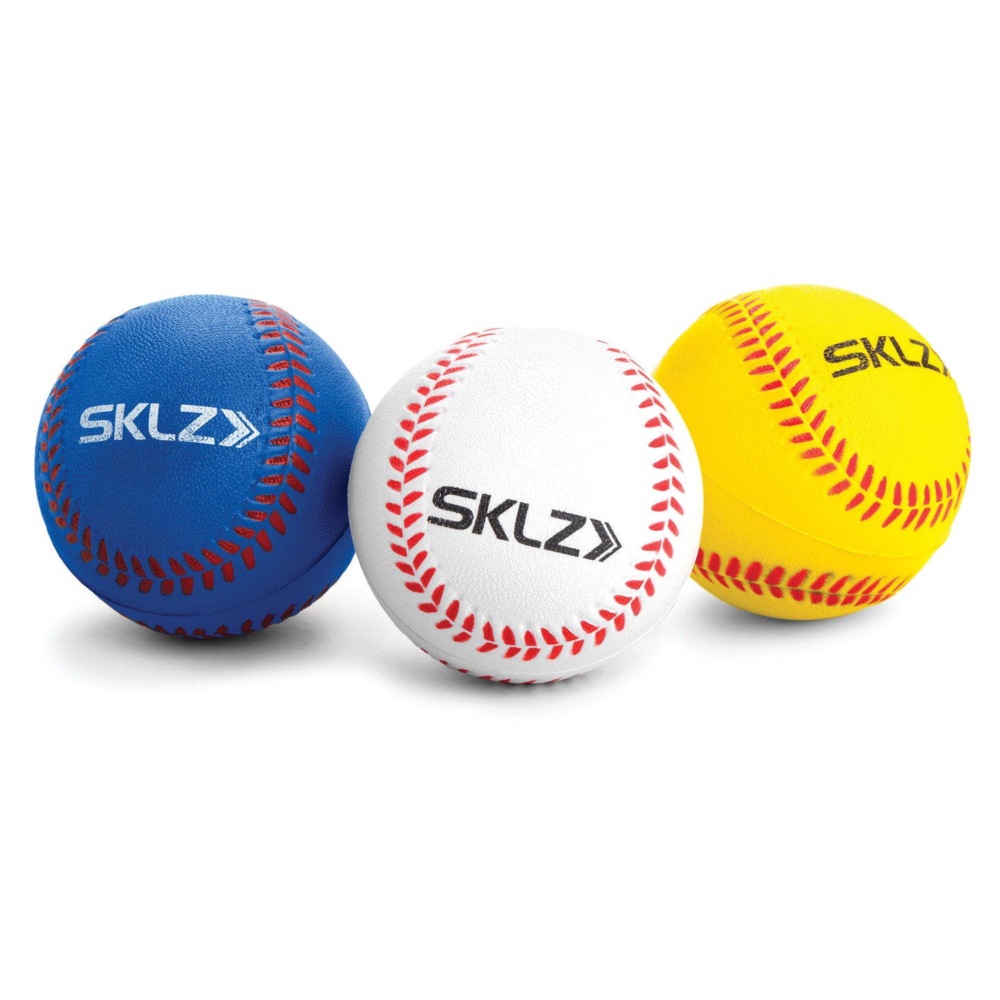 Softballs are arranged side by side on a plain background