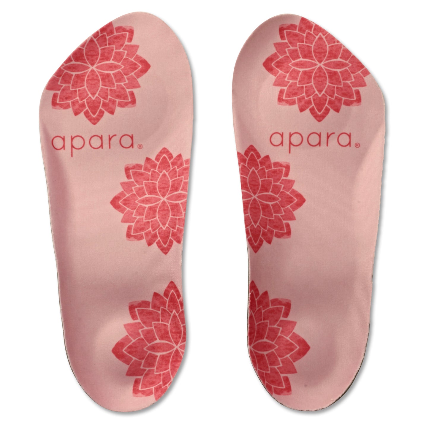 Pink insoles decorated with red floral patterns and the brand name aparat.