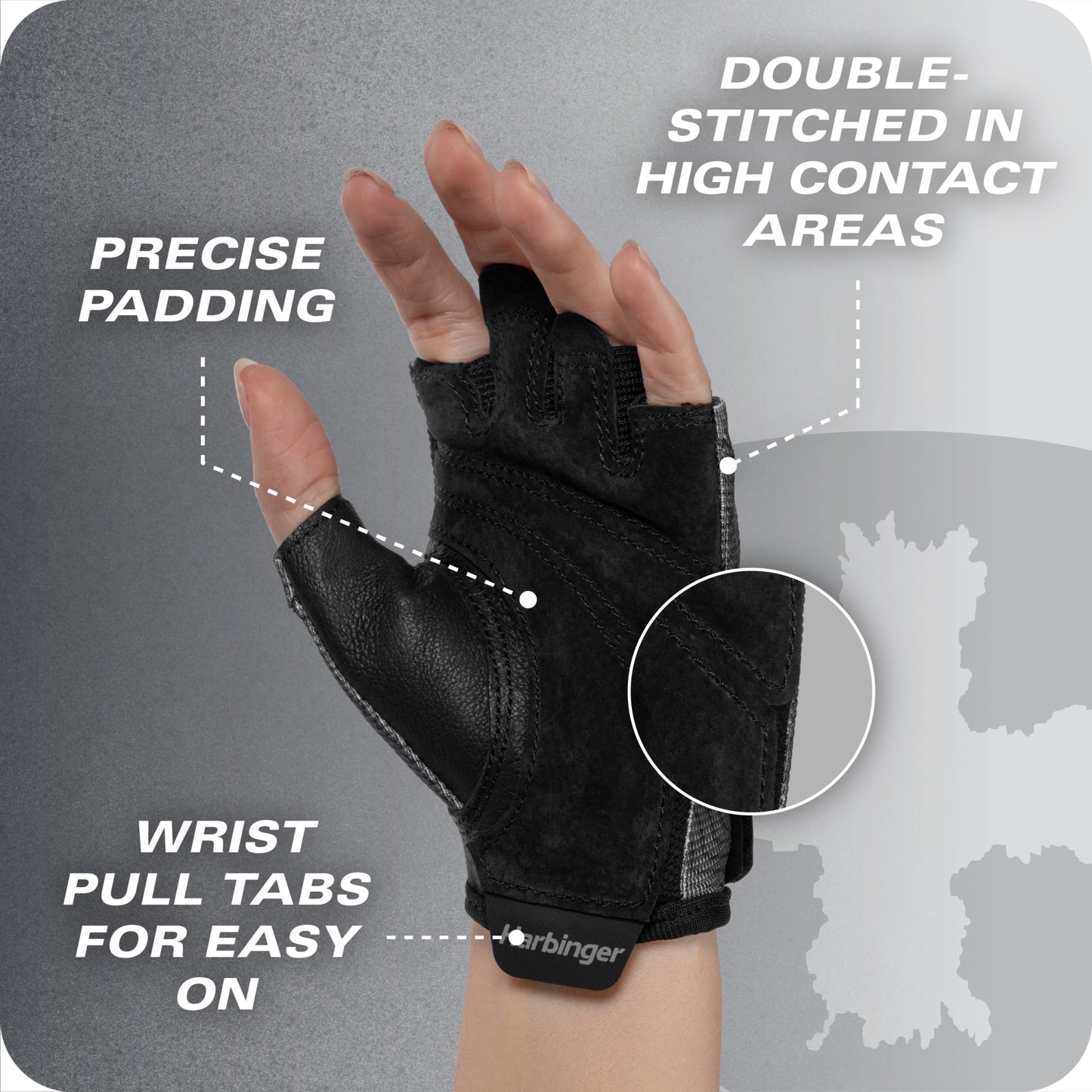 Glove worn on hand, padded with pull tabs, against a gray background highlighting its features.