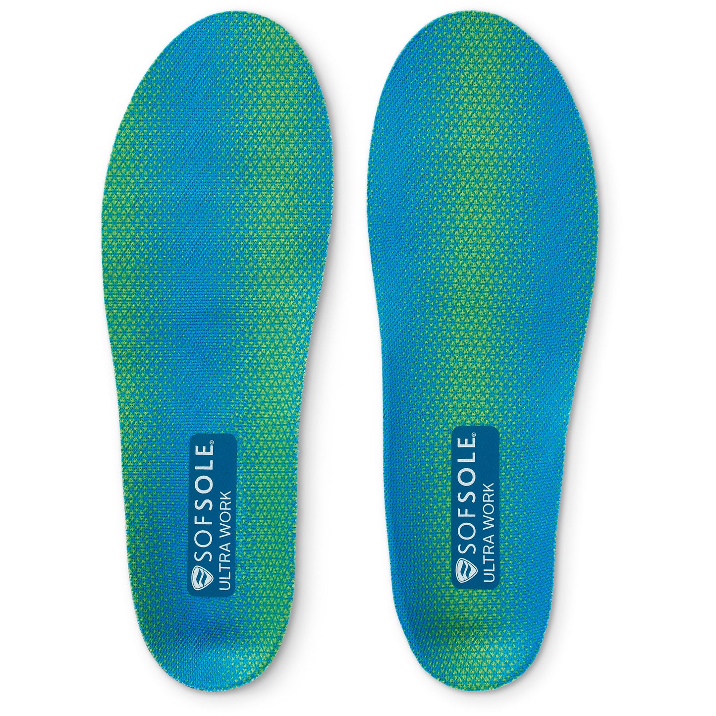 Orthotic insoles support feet in a blue and green colorway with brand label on a white background.
