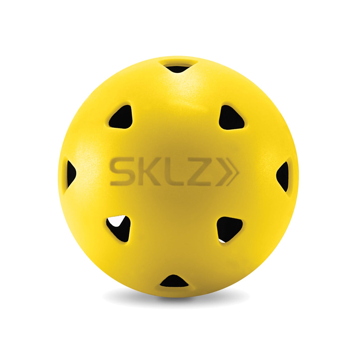 A yellow ball with black ventilation holes and the SKLZ logo designed for training activities
