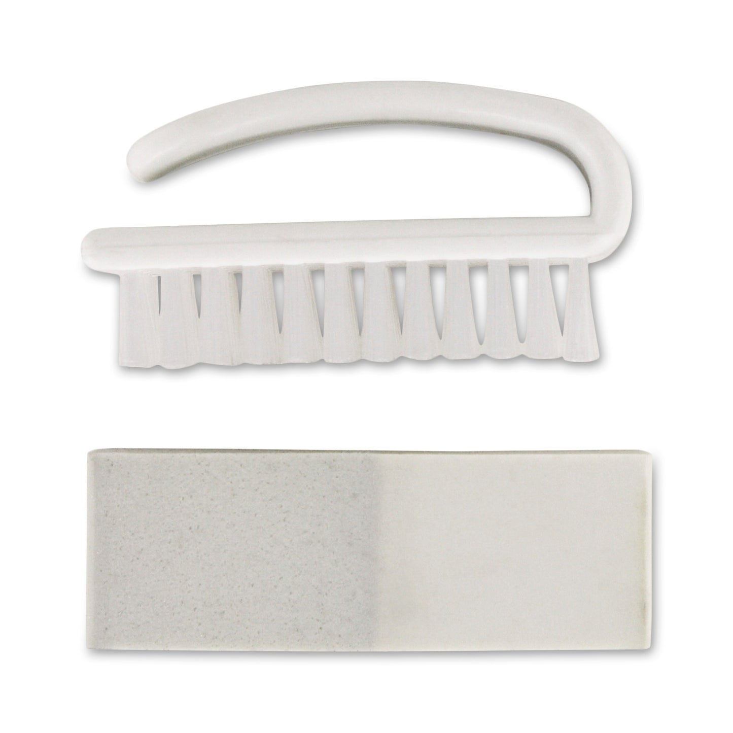 A white nail brush and soap bar are placed on a plain background.