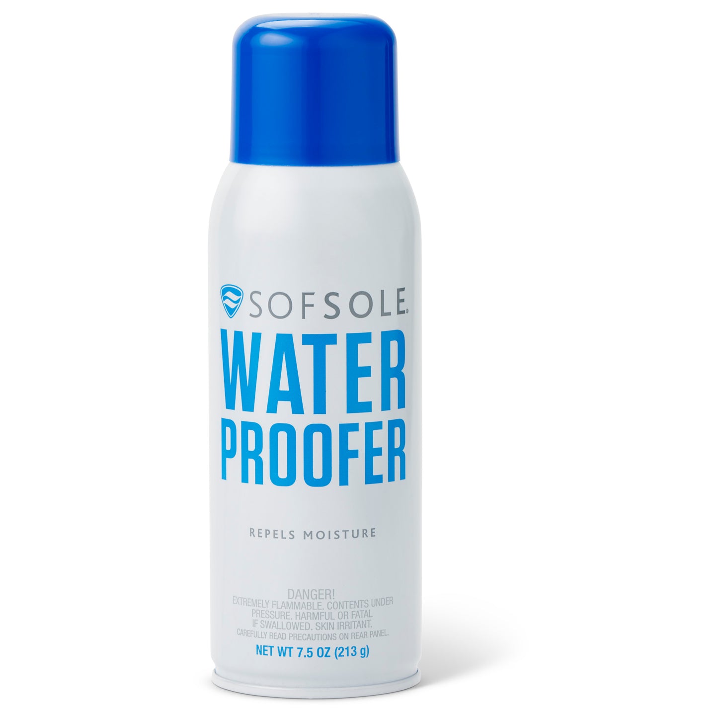The water proofer spray repels moisture on a white container with a blue cap.