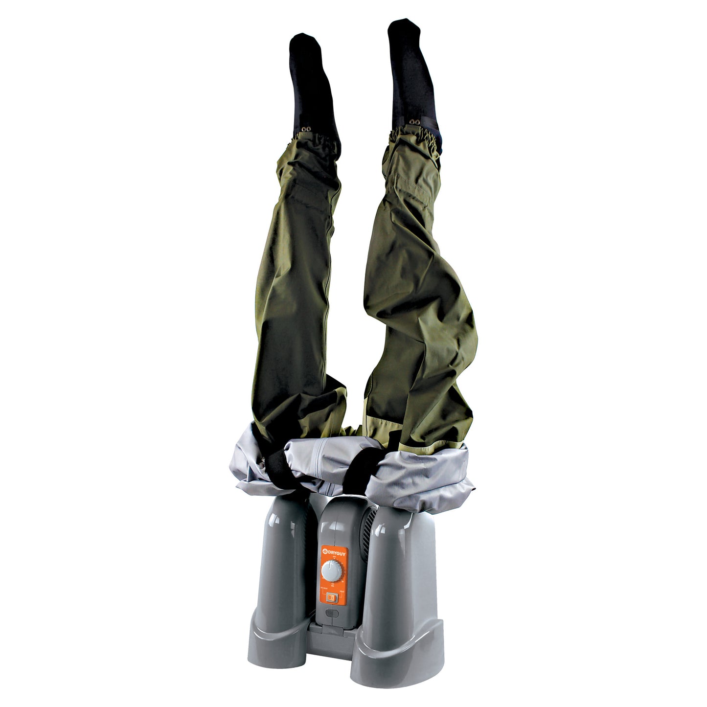 A person is upside down wearing waterproof pants in a footbath or washing station.