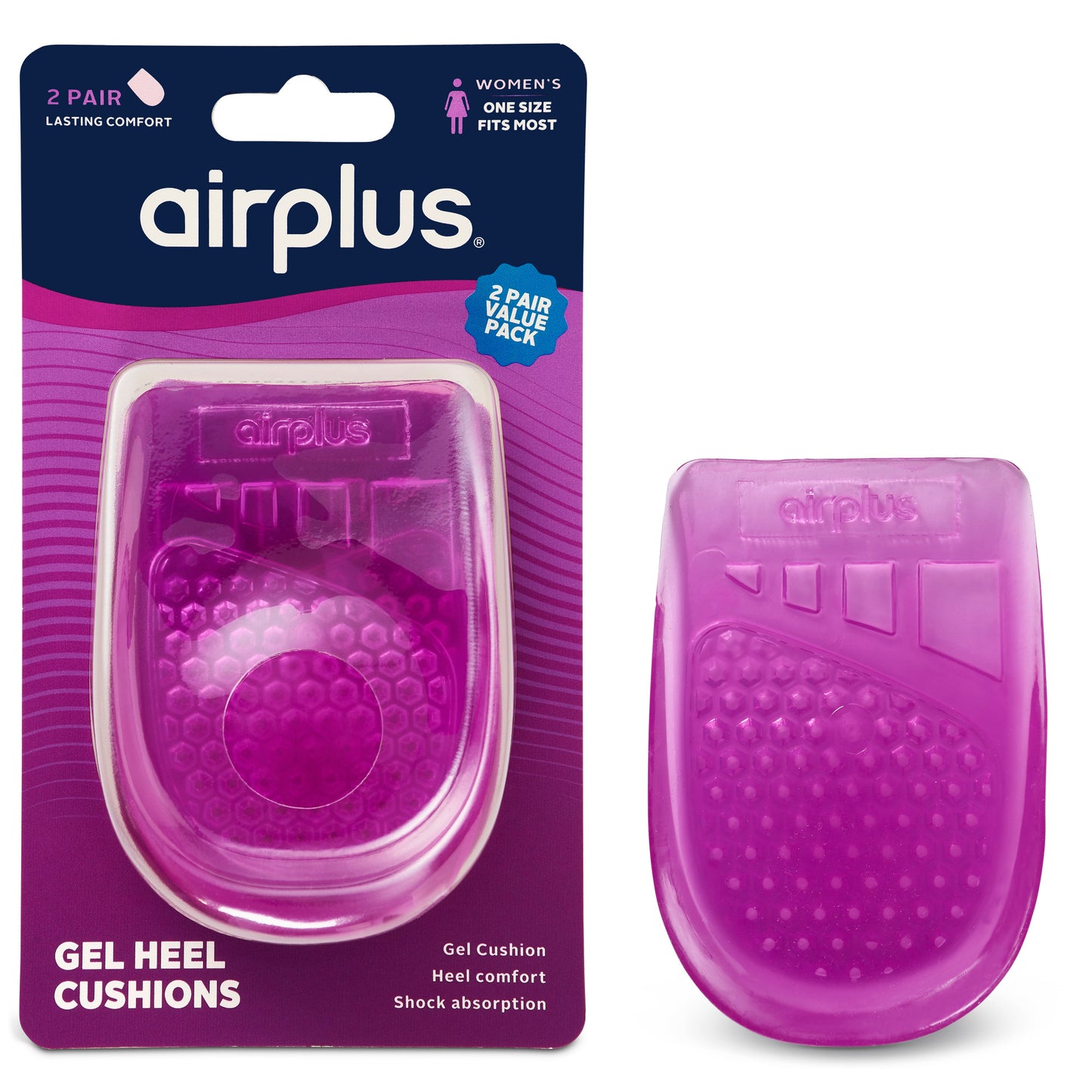 Gel heel cushion compresses internal foam for comfort inside shoe, displayed in pink packaging outdoors.