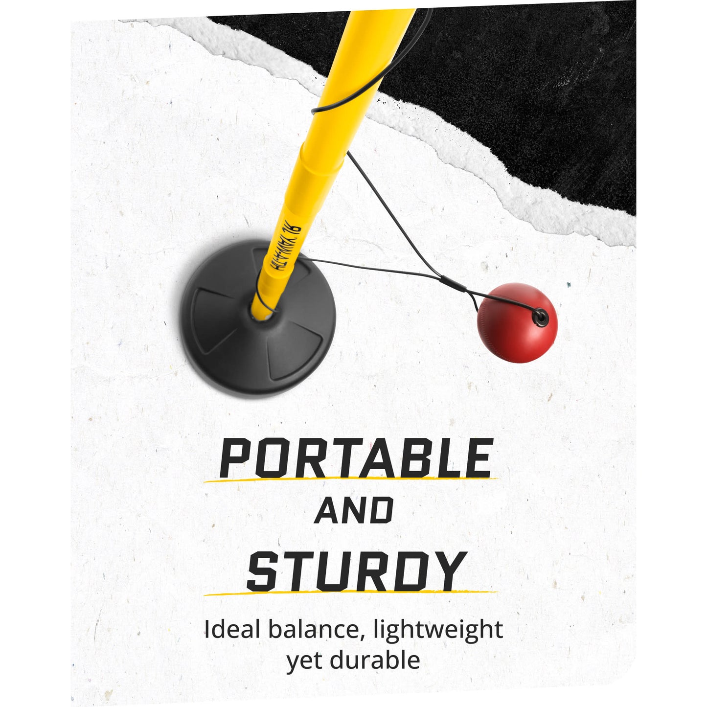 Close up shot of SKLZ Bat-a-Way Jr. swing trainer base on a white background with overlay text highlighting portable and sturdy