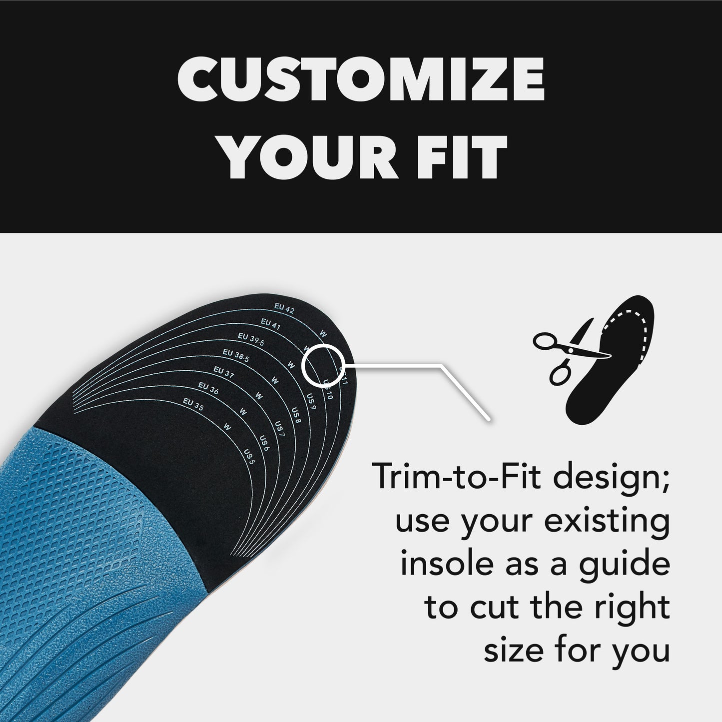Shoe insole with size markings being cut to fit by scissors in a guide for proper sizing