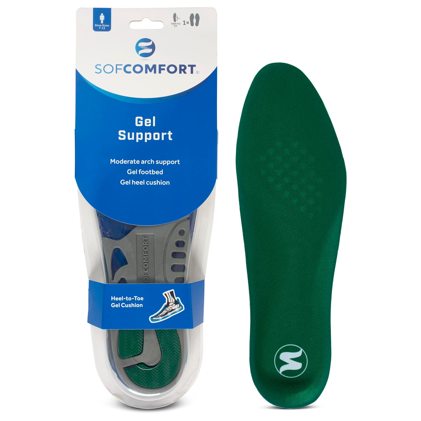 A gel footbed provides moderate arch support inside clear packaging with a matching green insole outside.
