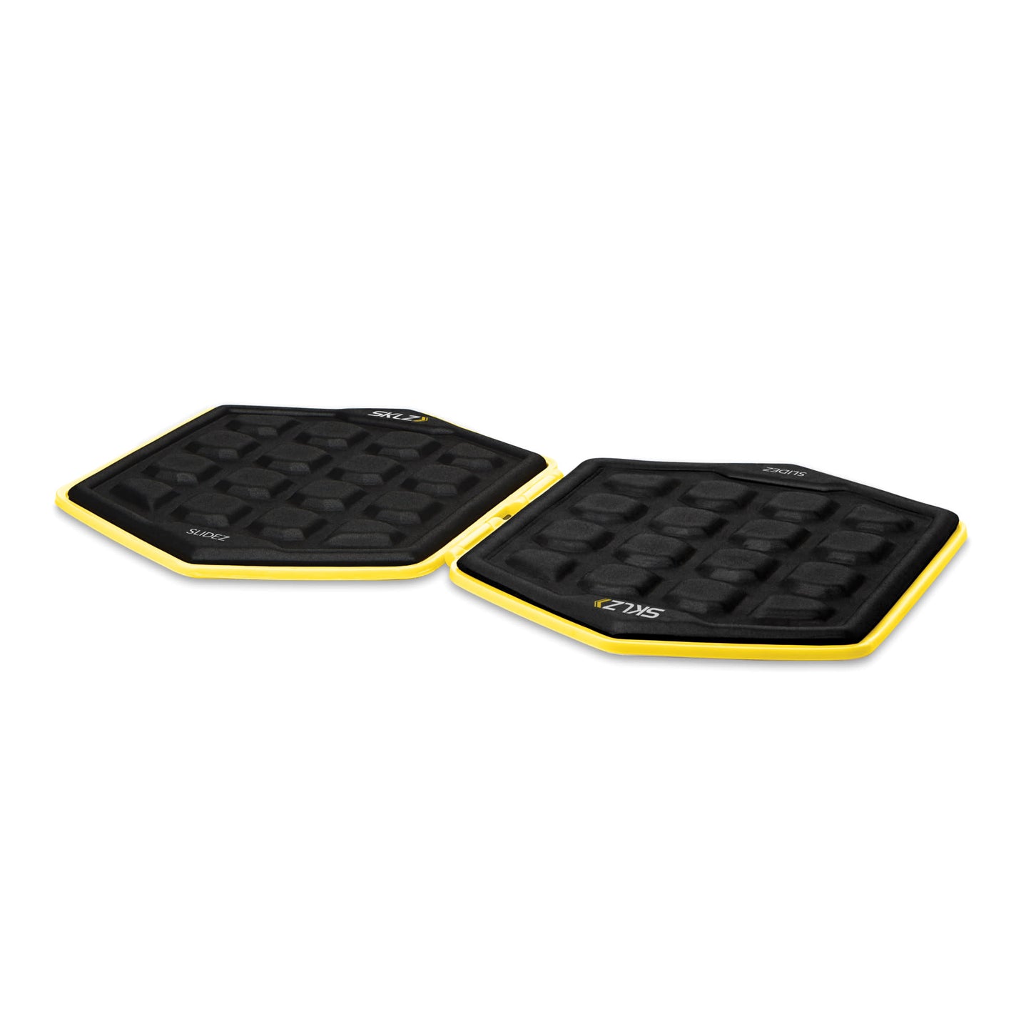 Two black step pads with yellow edges are placed on a plain white background