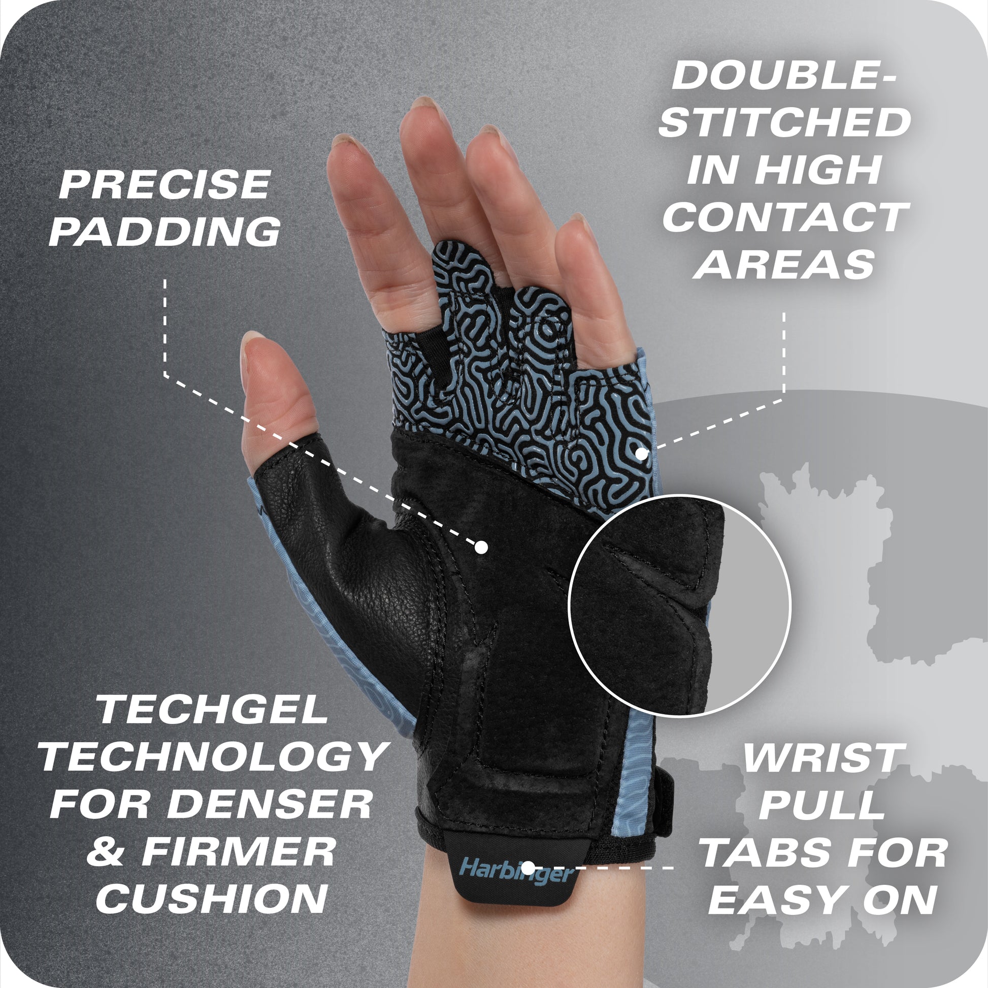Gloved hand with wrist pull tabs and high-contact padding in a neutral environment