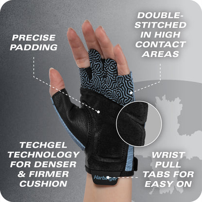 Gloved hand with wrist pull tabs and high-contact padding in a neutral environment