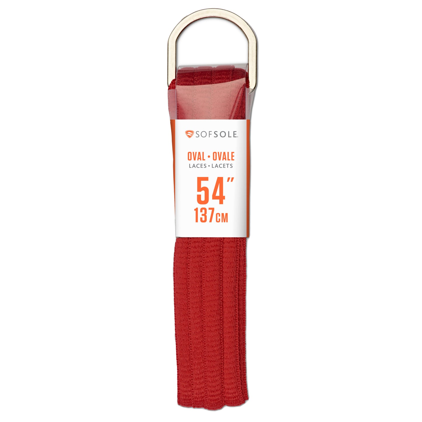 A red shoelace with metal aglet is packaged and displayed against a white background.