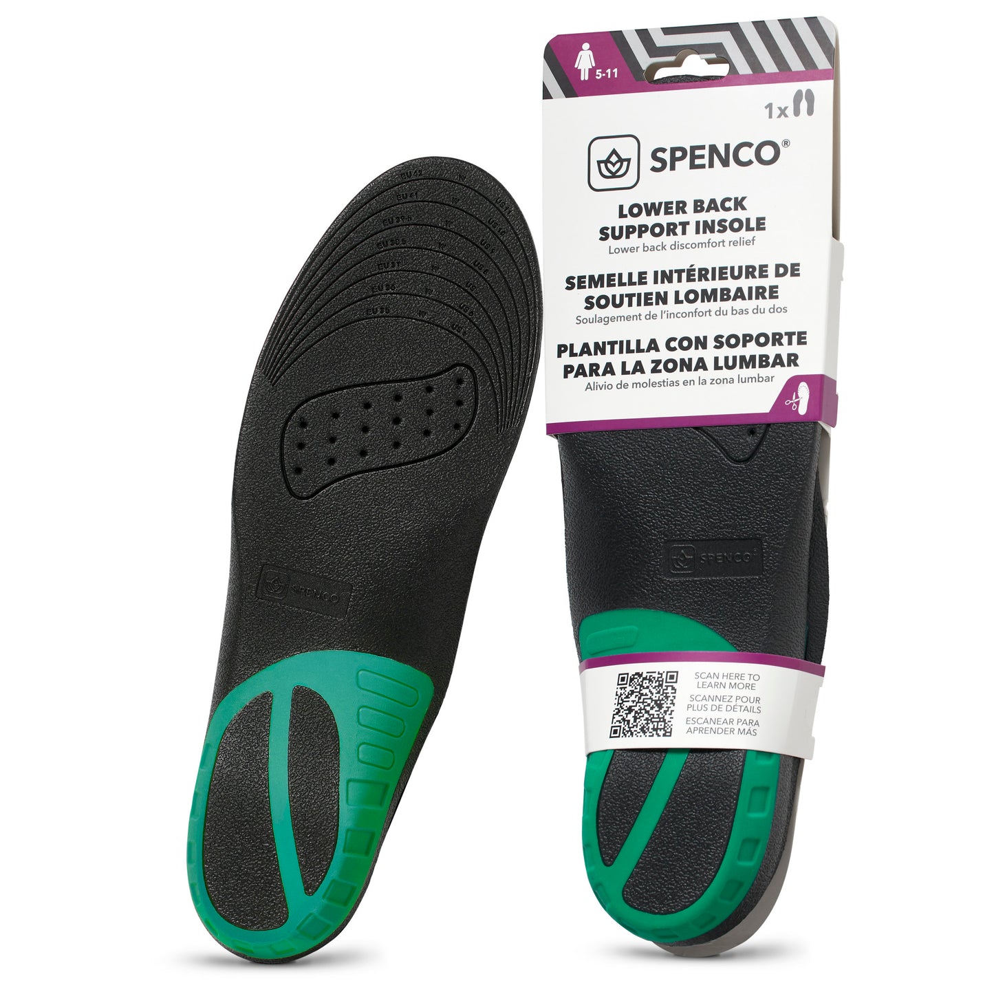 Insoles support feet with green cushioning, displayed in packaging for lower back relief.