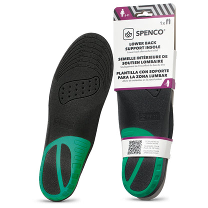 Insoles support feet with green cushioning, displayed in packaging for lower back relief.