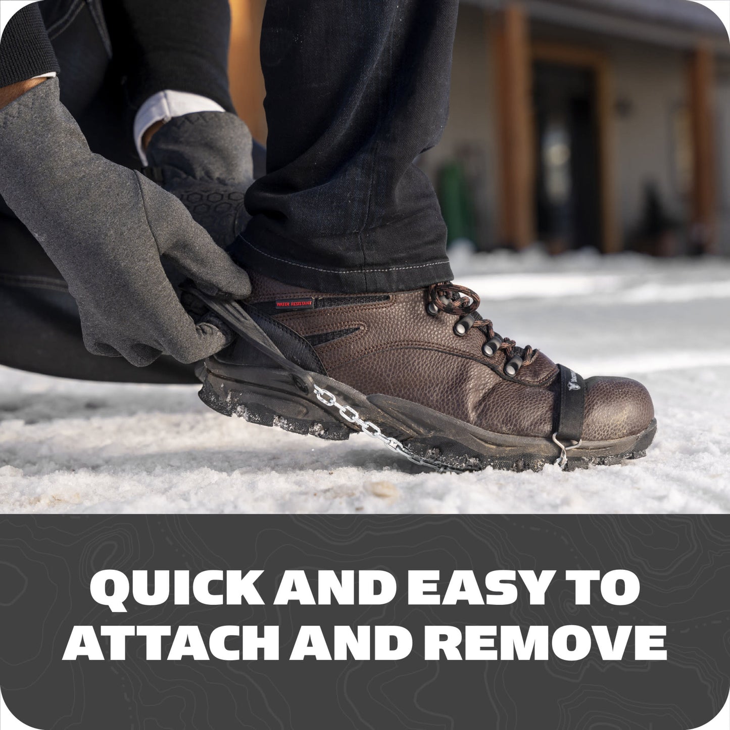 Person puts on hiking boot on snow with a text overlay describing easy attachment and removal
