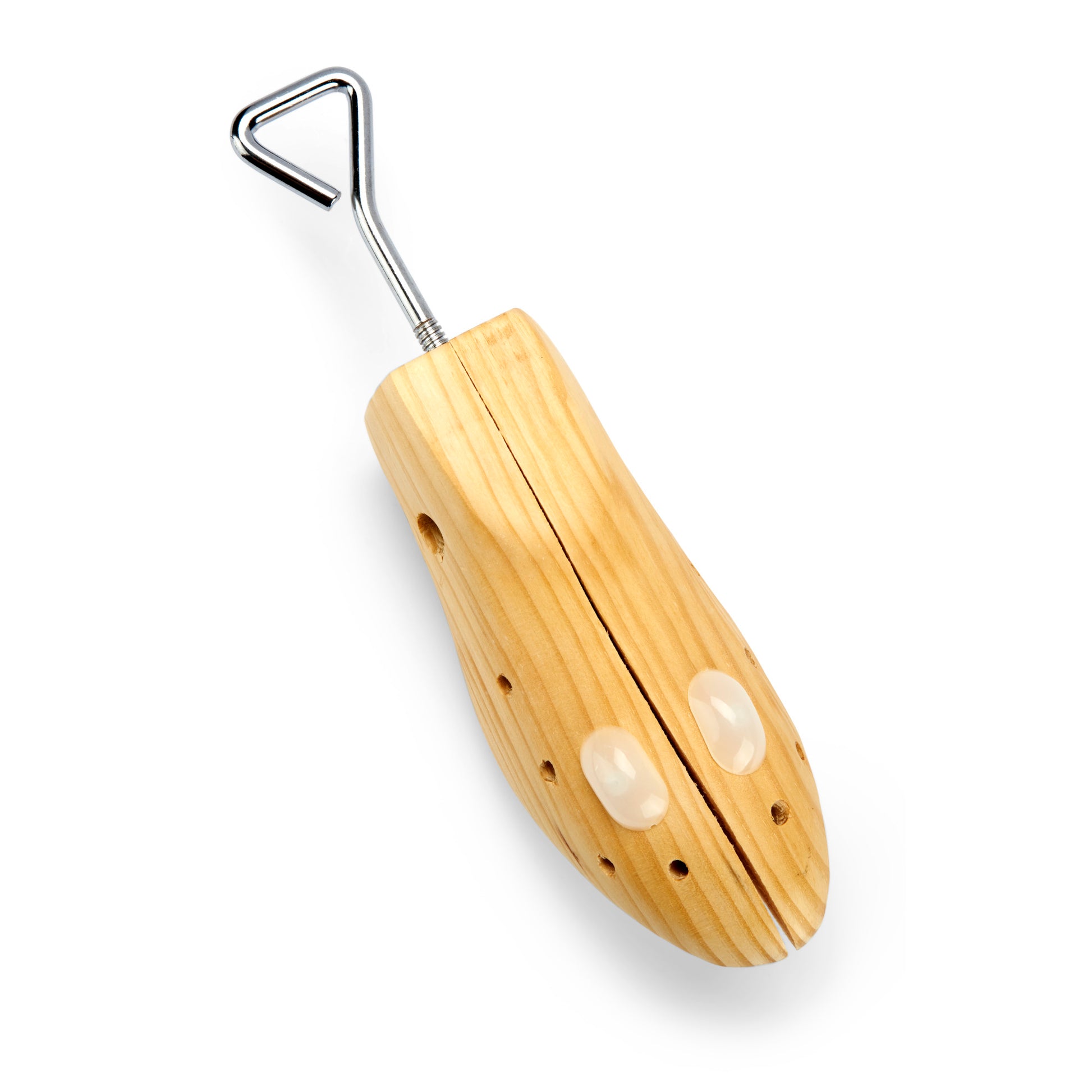 A wooden massager with a metal handle in a plain white background.