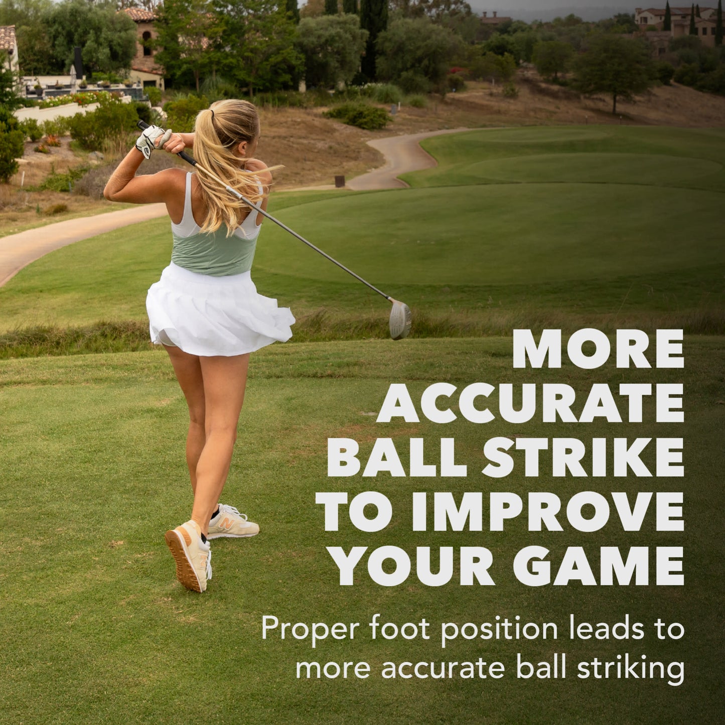 Woman swings golf club on fairway to improve ball striking with proper foot position.