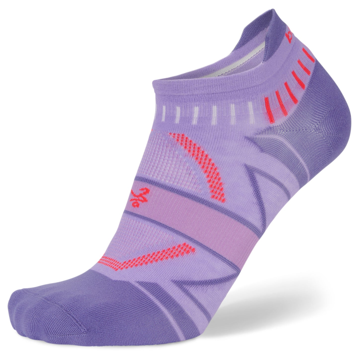 The athletic sock provides support in a purple design with red and white accents.
