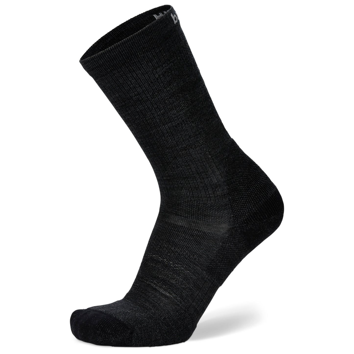 Side (outer) view of jet black Hike crew socks, by Balega